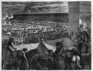 Feest van de Federatie op het Champ de Mars in Parijs op de eerste verjaardag van de bestorming van de Bastille op 14 juli 1790. Gravure in 