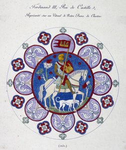 Fernand III, Koning van Castilië, afgebeeld op een glas-in-loodraam van de Notre Dame de Chartres (1252). College simile. door French School