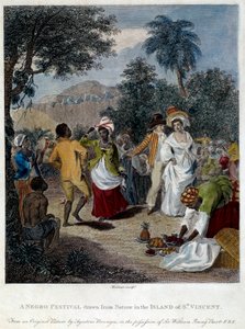 Negerfeest op het eiland Saint Vincent (Centraal-Amerika, Antillen). Gravure uit de 19e eeuw