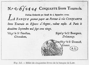 Vijftig pond Frans bankbiljet van de Law Bank, gedateerd 2 september 1720