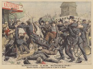 Gevecht tussen Apaches en de politie op de Place de la Bastille in Parijs (kleurenlitho)