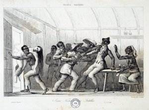 Gevecht in een taverne in de West-Indië, een jonge blanke vrouw wordt ontvoerd door rovers. Gravure uit de 19e eeuw. Chartres, Museum voor Schone Kunsten door French School