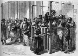 Wachtrij bij een loket aan de rue Mont Thabor in Parijs om in te schrijven voor de nationale lening van driehonderdvijftien miljoen uitgegeven door de Franse regering in 1864. Gravure in "Le Monde Illustré" nr. 355 van 30 januari 1864.