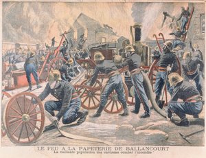 Brandweerlieden bestrijden een brand in een papierfabriek in Ballancourt, uit Le Petit Journal, 1905 door French School