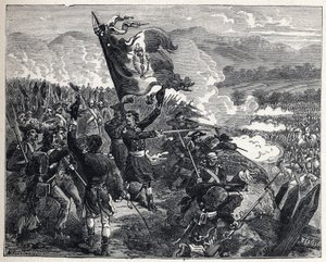 Eerste coalitie: Kolonel Antoine Guillaume Rampon bij de Slag om Montenotte op 12 april door French School