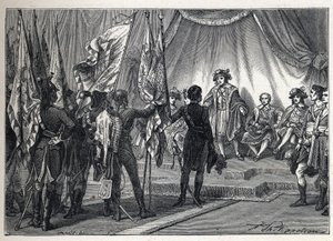 Eerste coalitie: Joachim Murat (1767-1815) presenteert aan het Uitvoerend Comité de vlaggen veroverd door het Franse leger, onder bevel van Napoleon Bonaparte, tijdens de Italiaanse veldtocht. Gravure uit 1889. Privécollectie. door French School