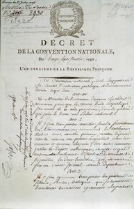 Eerste pagina van het decreet van de Nationale Conventie van 27/07/1793 waarin het Palais du Louvre als museum wordt gevestigd door French School
