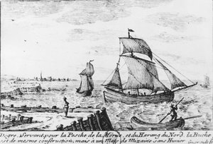 Vissersboot voor kabeljauw en noordelijke haring - gravure, n.d.