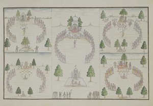 Vijf Hindoeïstische Sekten: Shiva, Krishna, Vishnu, Brahma en Moedergodin uit Het Gentil Album, gepubliceerd in 1774 door French School