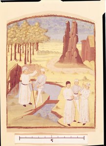 Vijf mensen die tuinontwerp bespreken, uit Livre des Prouffitz Champestres door Pietro de Crescenzi door French School