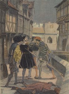 Florentijnse goudsmid en beeldhouwer Benvenuto Cellini omringd en bedreigd door een groep mannen (kleurenlitho)
