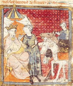 Fol.133r Roland neemt afscheid van Karel de Grote (742-814), Grandes Chroniques de France, 1375-79 door French School