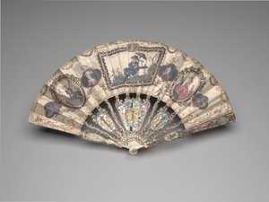 Vouwwaaier met een chinoiserie scène, portretten, pastorale figuren en stillevens door French School