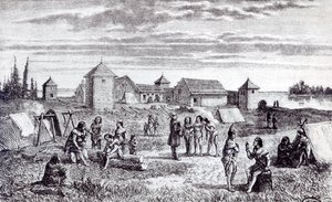 Fort Youkon, een handelspost van de Hudson Bay Company, 19e eeuw door French School