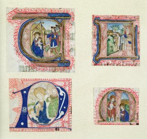 Vier gehistorieerde initialen die de Aanbidding der Wijzen, de Kribbe, David en Bathseba en Christus in de Tuin uitbeelden door French School