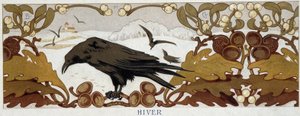 Vier seizoenen, winter: raaf op een eik - chromolithografie, eind 19e eeuw door French School