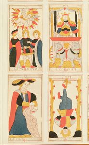 Vier tarotkaarten met afbeelding van De Geliefden, De Zegewagen, Kracht en De Gehangene (gekleurde houtsnede) door French School