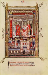 St. Saintin en St. Antonin, aangespoord om het verhaal van het leven van St. Denis te schrijven, uit Vie de St. Denis, 1317 door French School