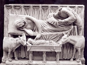 Fragment van het doksaal dat de Geboorte voorstelt, uit de Crypte
