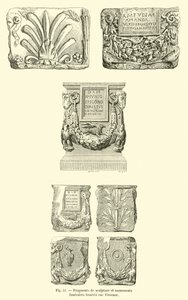 Fragmenten van beeldhouwwerk en grafmonumenten gevonden in de rue Vivienne (gravure) door French School