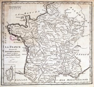 Frankrijk verdeeld in 83 departementen volgens de decreten van de Nationale Vergadering van 1791