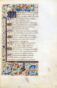 Francesco Petrarca (Petrarca): incipit uit een verlucht manuscript van de Franse School van de 14e eeuw. Gemeentelijke Bibliotheek van Rimini.