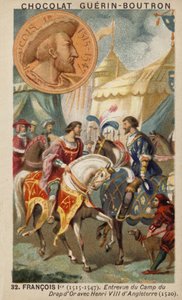 Francis I van Frankrijk en Hendrik VIII van Engeland ontmoeten elkaar op het Veld van het Gouden Laken
