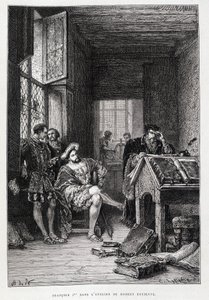 Francois I in de studio van Robert Estienne - gravure