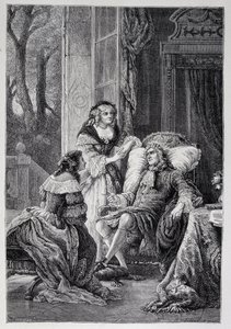 Francois de la Rochefoucauld (1613-1680) in gesprek met Mademoiselle de Sevigne (Marie de Rabutin-Chantal), Marquise de Sevigne genaamd Madame de Sevigne (1626-1696) en Marie-Madeleine Pioche de La Vergne, gravin de Lafayette (Madame de la Fayette) door French School