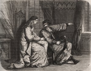 Fredegonde (545-597) vertrouwt zijn zorgen toe aan harpist Barbantini omdat zijn minnaar Chilperic (toen de Koning van de Franken Chilperic I (543-597), hem niet trouwde. 565. Gravure uit 1871 in 