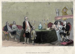 Vrijmetselarij: Seance van magie door Giuseppe Balsamo, bekend als Alexander, Graaf van Cagliostro (1743 - 1795). Gravure uit 