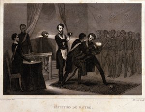 Vrijmetselarij: ontvangst- en inwijdingsritueel van de Meester. Gravure uit 