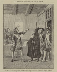 Vrijmetselarij in de 18e eeuw: De hertog van Antin verzet zich tegen een politie-inval in de loge van la Rapee in Parijs (gravure) door French School