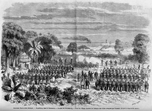 Franse koloniën (Senegal) 1865: Expeditie in Casamance. Slag bij Guimbering, verovering van het dorp, episode van de aanval op de door de vijand bezette duinen.