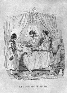 Franse illustratie van een persoon met jicht in bed, 1848