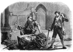 Franse Revolutie (Conventie): opening van de kist van Koning Hendrik IV tijdens de ontheiliging van de koninklijke graven van de kerk van Saint Denis in 1793. Gravure uit 1860. door French School