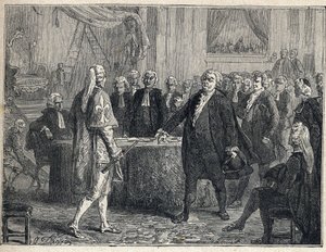 Franse Revolutie - Algemene Vergadering op 23/06/1789: Honore Gabriel Riqueti, Graaf van Mirabeau (1749-1791) spreekt Henri Evrard, Markies van Dreux Breze (1762-1829) aan. Gravure uit 1889. Privécollectie