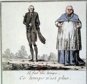 Franse Revolutie: Cartoon over het verdwijnen van de privileges van de geestelijkheid die een magere priester en een corpulente en dikke bisschop uit de tijd van het Oude Regime vertegenwoordigt