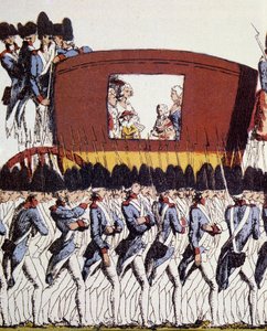 Franse Revolutie: Terugkeer van de Koninklijke Familie naar Parijs op 25 juni 1791 na de arrestatie in Varennes op 20 en 21 juni 1791. Eau-forte coloriee anoniem 1791 Zon. 23.2x34.6 Parijs, Musée Carnavalet door French School