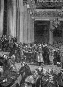 Franse Revolutie: afschaffing van privileges in de Nationale Vergadering in 1789 (gravure)