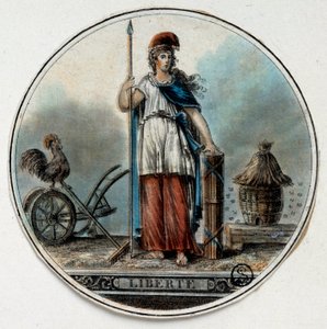 Franse Revolutie: allegorie van Vrijheid als een vrouw bij een bijenkorf en een haan