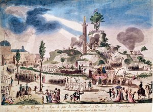 Franse Revolutie: het Feest van het Opperwezen op de Champs de Mars op 8/06/1794 (20 Prairial An II). Anonieme gravure uit de 18e eeuw.