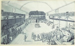 Franse Revolutie: de geboorte van de Grondwet in september 1791 geredigeerd door Guy Jean-Baptiste Target (1733-1807) in de zaal van de Jeu de Paume in Versailles waar de afgevaardigden een eed aflegden op 20/06/1789. Anonieme tekening rond 1791. Parijs, L door French School