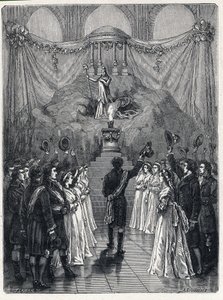Franse Revolutie: de godin van de rede in de Notre Dame kathedraal in Parijs tijdens een viering ter ere van de vernietiging van het fanatisme op 10 november. door French School