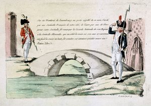 Franse en Luxemburgse douanebeambten begroeten elkaar vriendschappelijk (grenskwestie onder de revolutie), eind 18e eeuw