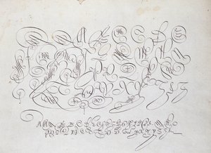 Franse kalligrafie: Plaat van hoofdletters, gravure van Frisius, calcograaf van de koning door Robert Vignon in de tuin van het schrijven rond 1600. door French School