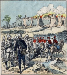 Franse expeditie naar Dahomey (het huidige Benin). Generaal Dodds vormt zijn aanvalskolommen voor Abomey door French School