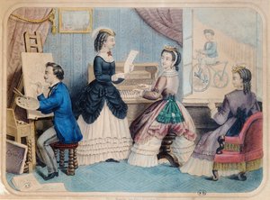 Franse modeplaat die artistieke activiteiten uitbeeldt, 1867