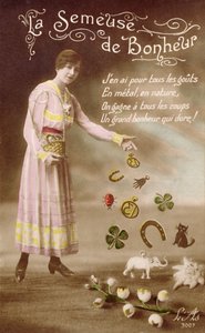 Franse ansichtkaart met La Semeuse de Bonheur (De Zaaier van Geluk) door French School