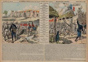 Franse troepen onder bevel van Generaal Alfred-Amedee Dodds vallen Abomey aan, Dahomey, Tweede Frans-Dahomeese Oorlog door French School